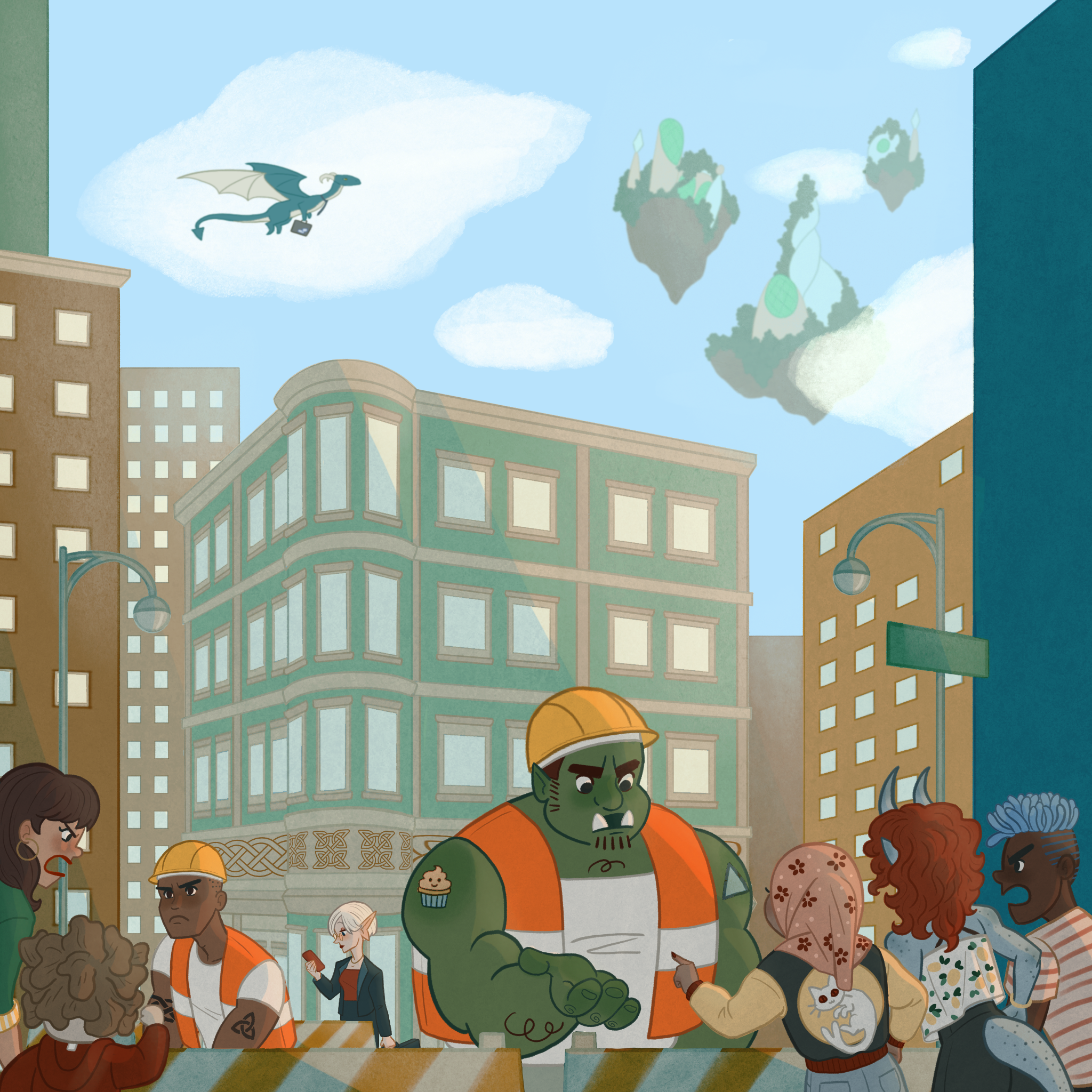 Several fantasy humanoid people arguing around construction barriers with construction workers in orange jackets, in an urban fantasy city corner. In the distance, some chunks of land float in the sky, and a dragon with a briefcase flies across towards them from the left.